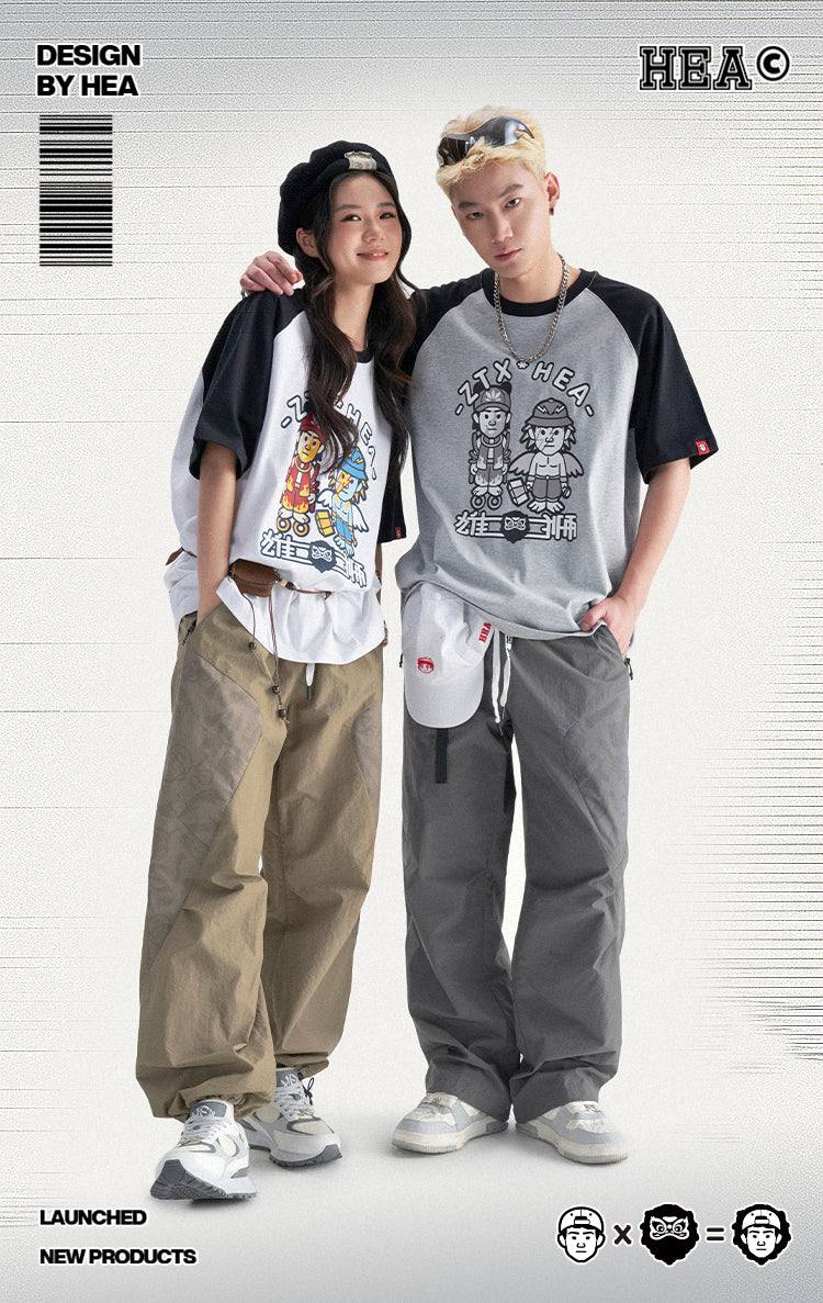 HEA Men’s Patchwork Print Cargo Pants, Casual Streetwear Loose Wide-Leg Trousers with Drawstring Waist