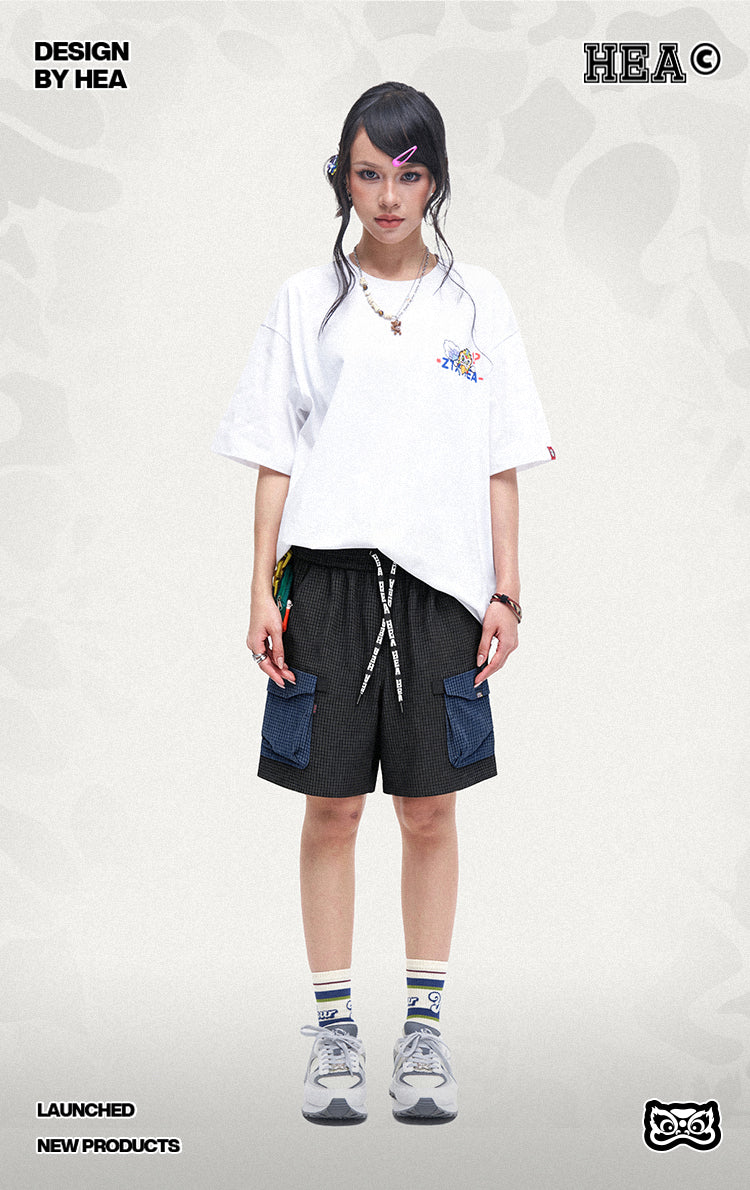 HEA Waffle Knit Patchwork Cargo Shorts, Men’s Streetwear Casual Utility Shorts