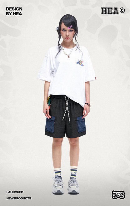 HEA Waffle Knit Patchwork Cargo Shorts, Men’s Streetwear Casual Utility Shorts
