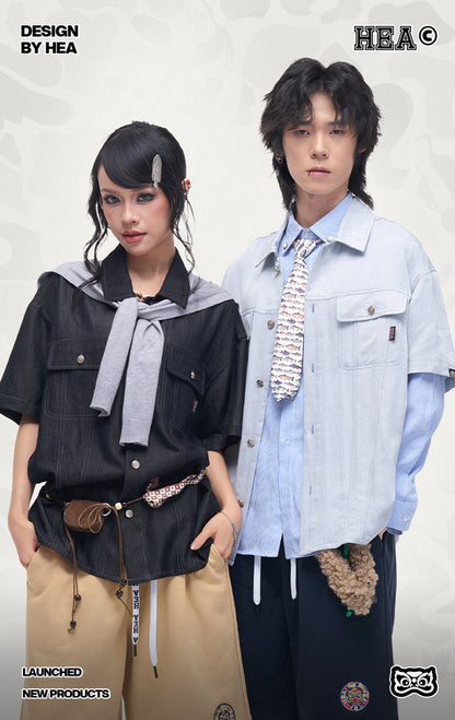 HEA Unisex Utility Button-Up Shirt, Short Sleeve Streetwear Work Shirt