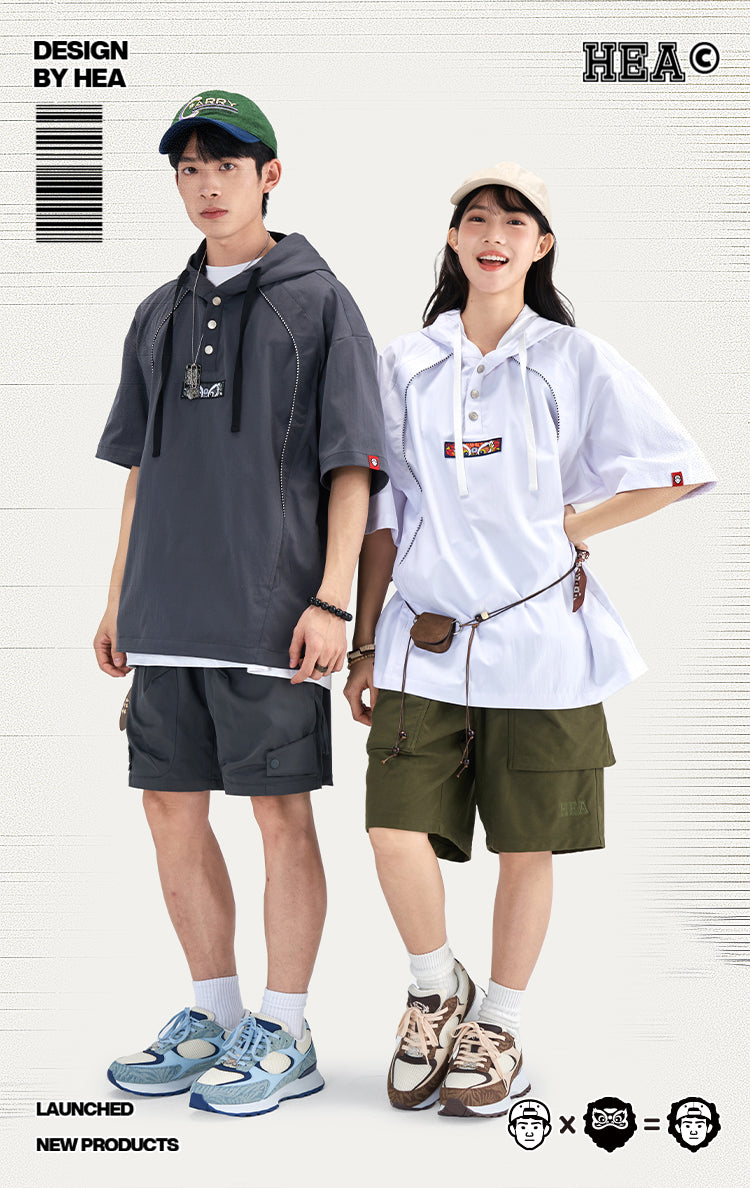 HEA Half Button Short Sleeve Hooded Polo Shirt, Unisex Contrast Stitch Casual Street Top