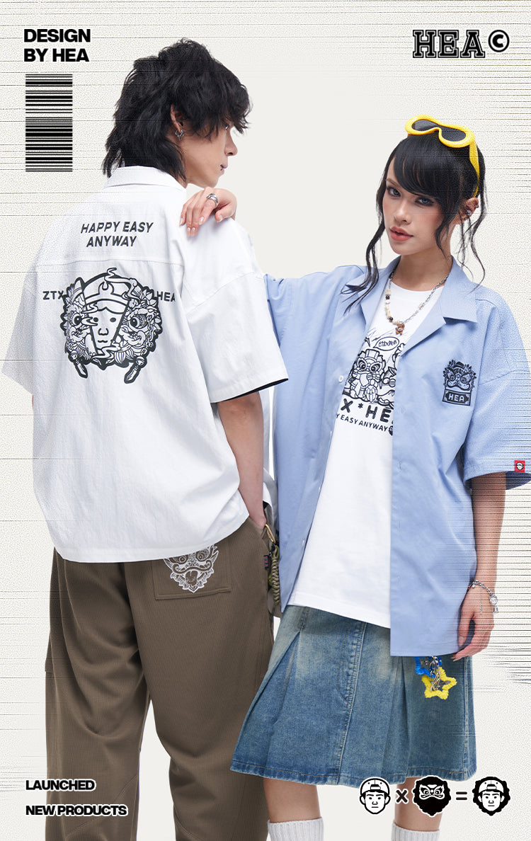 HEA Unisex Oversized Short-Sleeve Shirt, Streetwear Button-Up Top with Front & Back Lion Print, Casual Loose Fit Blouse for Men & Women