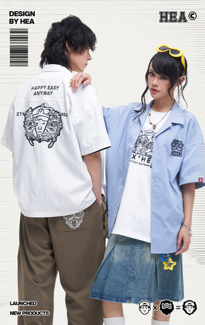 HEA Unisex Oversized Short-Sleeve Shirt, Streetwear Button-Up Top with Front & Back Lion Print, Casual Loose Fit Blouse for Men & Women