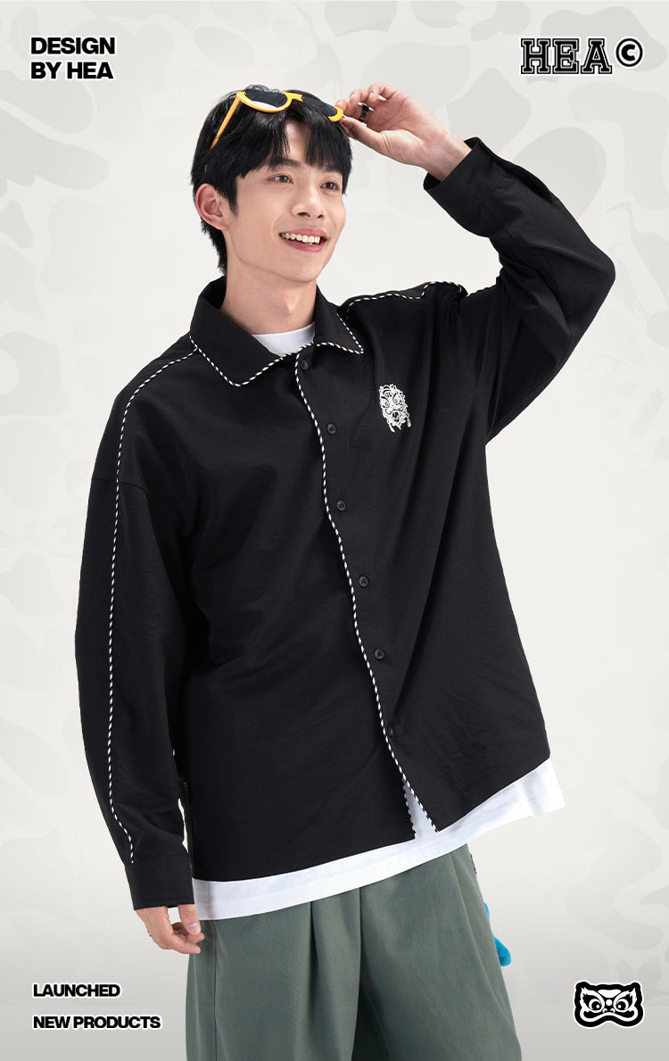 HEA Contrast Stitch Lion Embroidery Oversized Shacket, Men’s Casual Long Sleeve Button Down Shirt Jacket