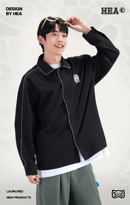 HEA Contrast Stitch Lion Embroidery Oversized Shacket, Men’s Casual Long Sleeve Button Down Shirt Jacket
