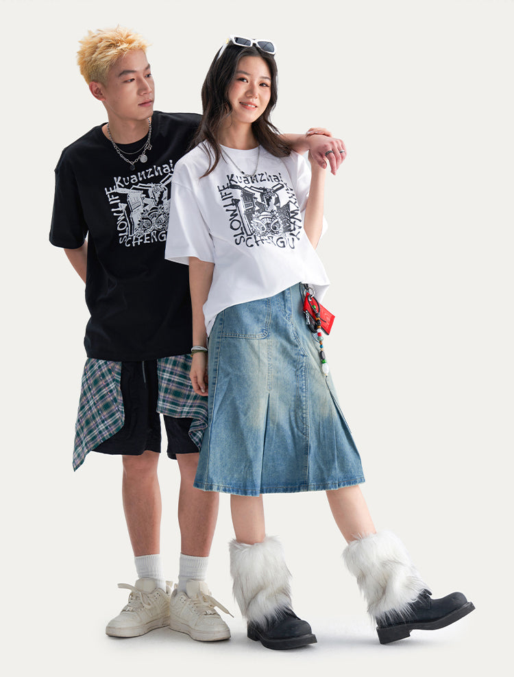 HEA Unisex Heavyweight Cotton Lion Graphic T-Shirt, Oversized Streetwear Short Sleeve Tee