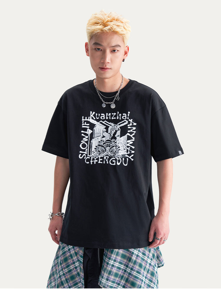 HEA Unisex Heavyweight Cotton Lion Graphic T-Shirt, Oversized Streetwear Short Sleeve Tee