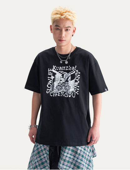HEA Unisex Heavyweight Cotton Lion Graphic T-Shirt, Oversized Streetwear Short Sleeve Tee