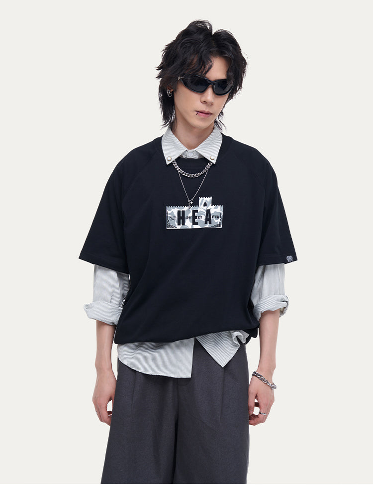 HEA Unisex City Graphic Raglan T-Shirt, Great Wall Silhouette Streetwear Short Sleeve Tee