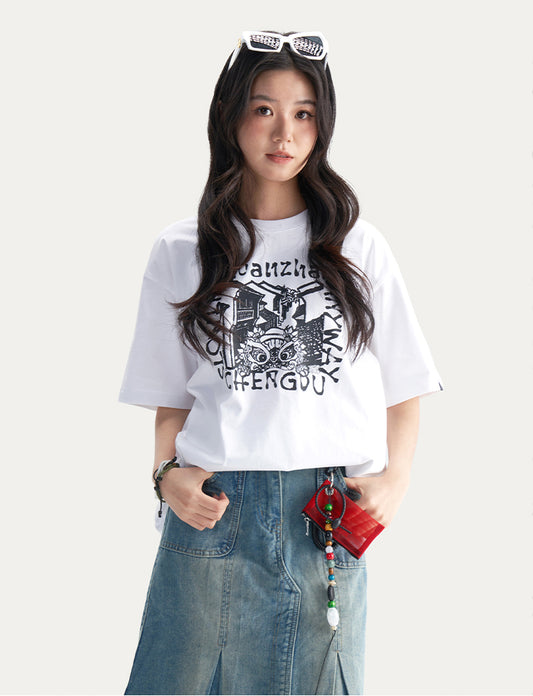 HEA Unisex Heavyweight Cotton Lion Graphic T-Shirt, Oversized Streetwear Short Sleeve Tee