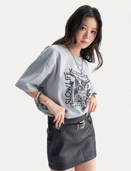 HEA Unisex Heavyweight Cotton Lion Graphic T-Shirt, Oversized Streetwear Short Sleeve Tee