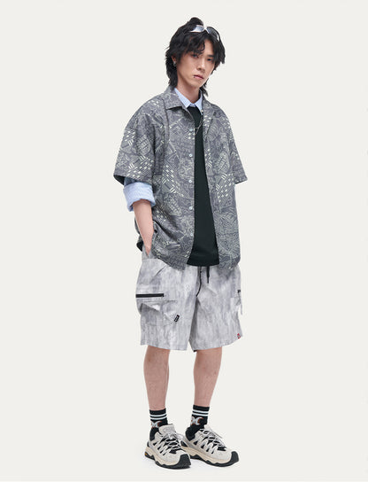 HEA Unisex Allover Print Button Up Shirt, Casual Streetwear Short Sleeve Camp Shirt