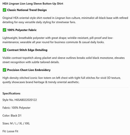 HEA Contrast Stitch Lion Embroidery Oversized Shacket, Men’s Casual Long Sleeve Button Down Shirt Jacket