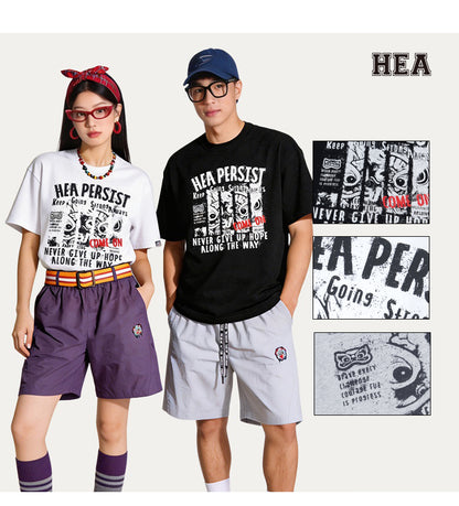 HEA Persist Vintage Letter Lion Graphic Tee, Unisex Casual Cotton Short Sleeve T-shirt