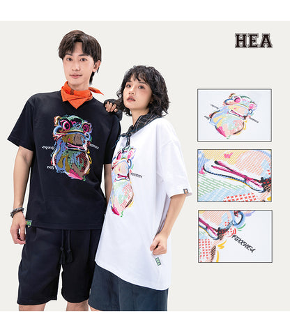 HEA Cartoon Graphic Print T-Shirt Casual Streetwear Short Sleeve Tee Unisex Trendy Cotton T-shirt