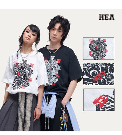 HEA Unisex Tie Dye Lion Print T-Shirt, Casual Streetwear Oversized Short Sleeve Cotton Tee