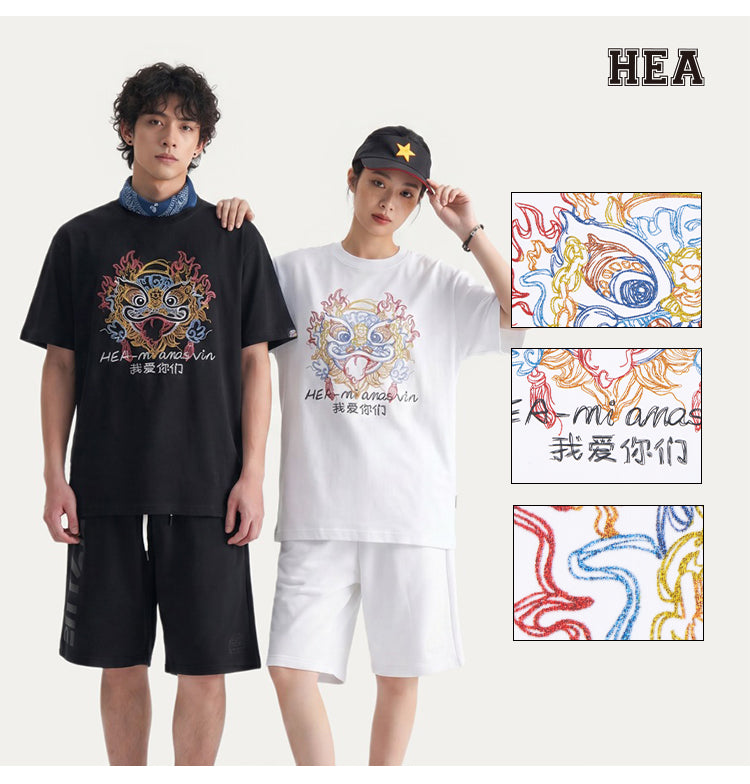 HEA Colorful Lion Head Graphic T-shirt, Unisex Casual Streetwear Short Sleeve Tee