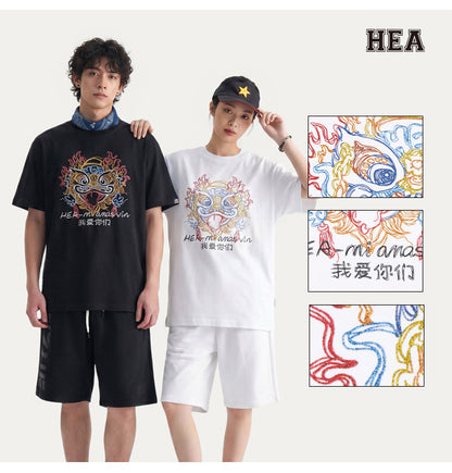 HEA Colorful Lion Head Graphic T-shirt, Unisex Casual Streetwear Short Sleeve Tee