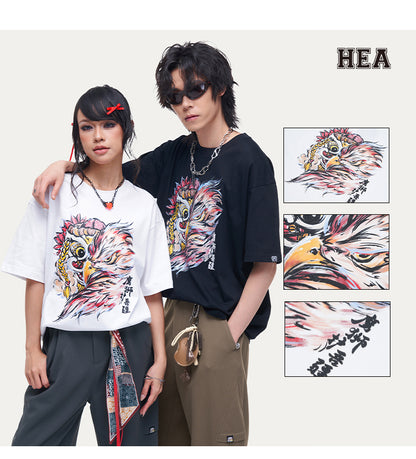 HEA Unisex Heavyweight 100% Cotton Lion Eagle Graphic T-Shirt, Oversized Streetwear