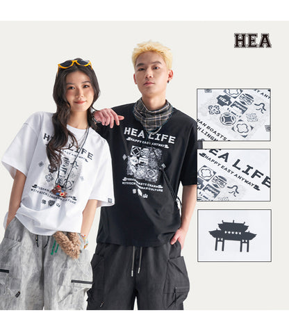 HEA Unisex Oversized Cotton Graphic T-Shirt, Casual Streetwear Short Sleeve Tee
