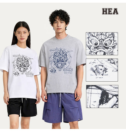 HEA Blueprint Sketch Lion Head Crewneck Tee, Unisex Casual Cotton Short Sleeve T-Shirt