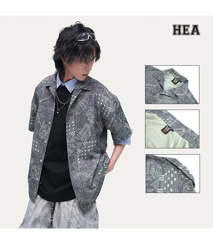 HEA Unisex Allover Print Button Up Shirt, Casual Streetwear Short Sleeve Camp Shirt