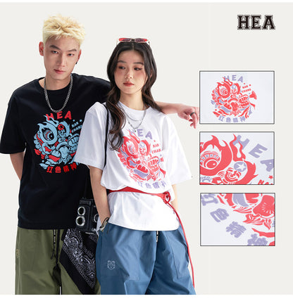 HEA Unisex Heavyweight 100% Cotton Lion Print T-Shirt, Casual Oversized Streetwear Short Sleeve