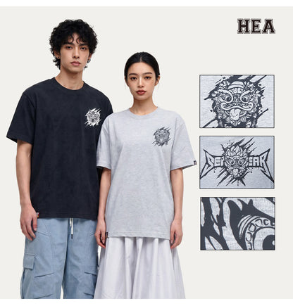 HEA Distressed Wash Lion Head Graphic Tee, Unisex Gothic Streetwear Short Sleeve T-shirt