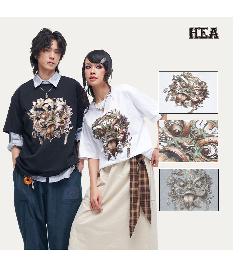 HEA Unisex Heavyweight Cotton Lion Graphic T-Shirt, Oversized Streetwear Short Sleeve Tee