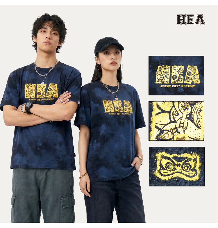 HEA Tie-Dye Galaxy Print Short Sleeve Tee, Unisex Streetwear Cotton T-shirt