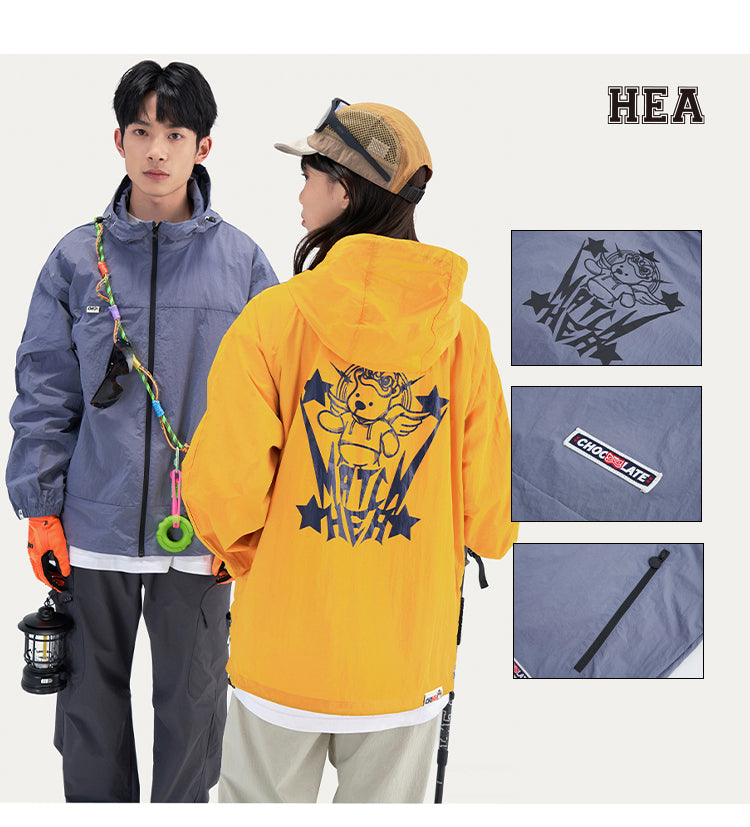 HEA Unisex Loose Fit Windbreaker Jacket with Lion Graphic, Casual Streetwear Outerwear for Spring and Summer