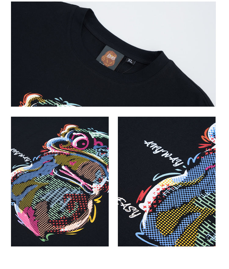 HEA Cartoon Graphic Print T-Shirt Casual Streetwear Short Sleeve Tee Unisex Trendy Cotton T-shirt
