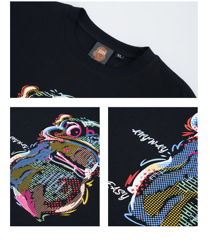HEA Cartoon Graphic Print T-Shirt Casual Streetwear Short Sleeve Tee Unisex Trendy Cotton T-shirt