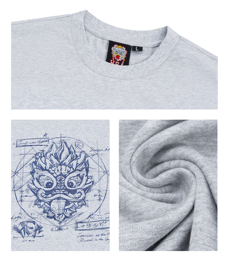 HEA Blueprint Sketch Lion Head Crewneck Tee, Unisex Casual Cotton Short Sleeve T-Shirt