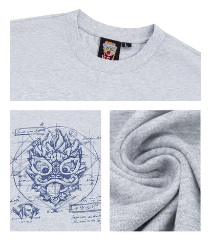 HEA Blueprint Sketch Lion Head Crewneck Tee, Unisex Casual Cotton Short Sleeve T-Shirt