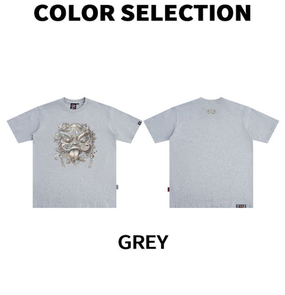 HEA Unisex Heavyweight Cotton Lion Graphic T-Shirt, Oversized Streetwear Short Sleeve Tee