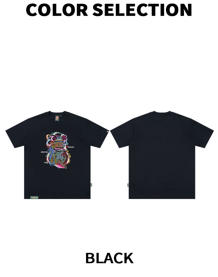HEA Cartoon Graphic Print T-Shirt Casual Streetwear Short Sleeve Tee Unisex Trendy Cotton T-shirt