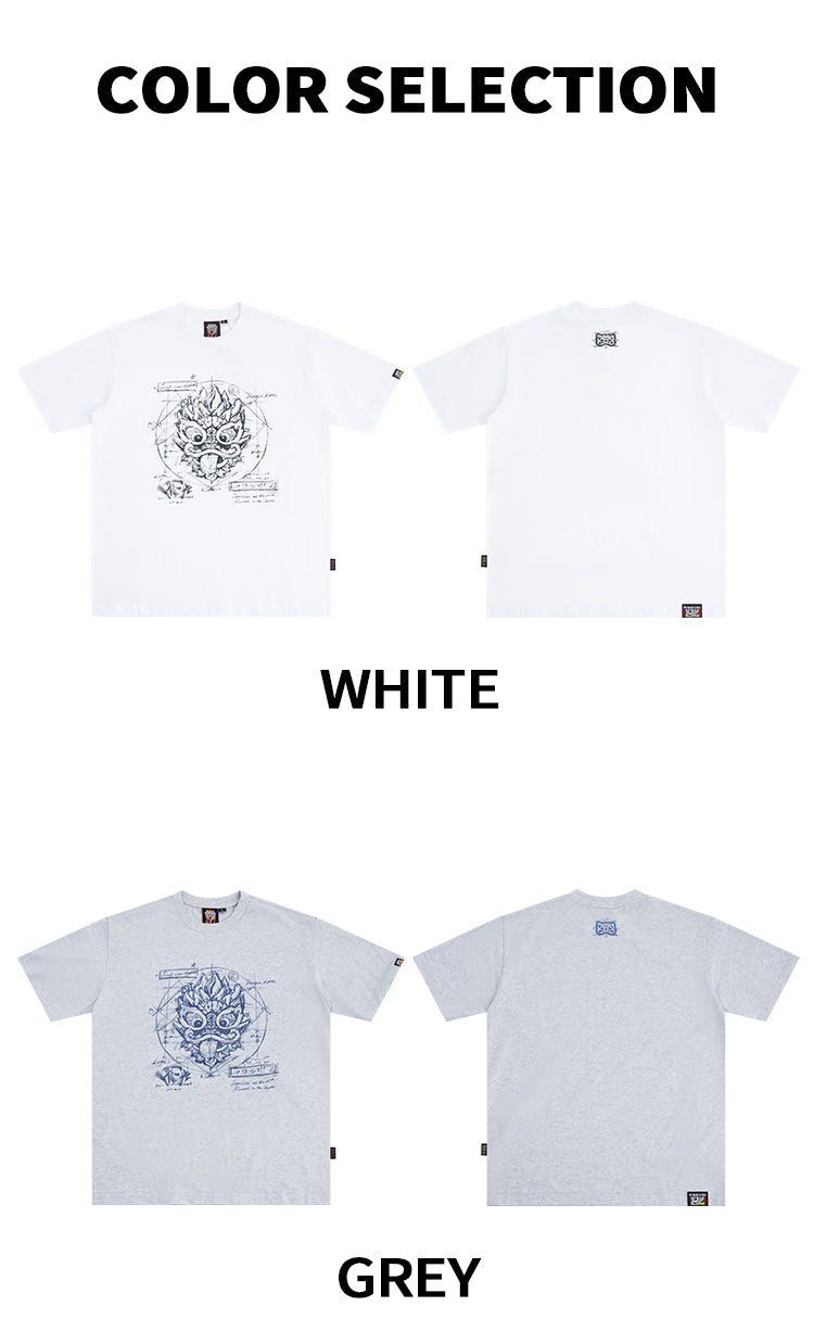 HEA Blueprint Sketch Lion Head Crewneck Tee, Unisex Casual Cotton Short Sleeve T-Shirt