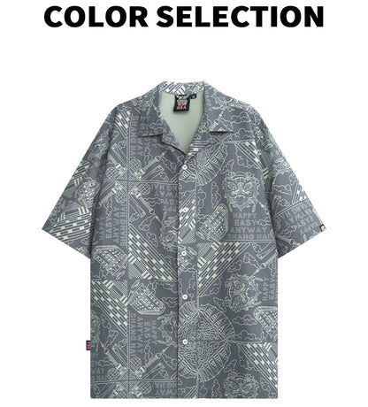 HEA Unisex Allover Print Button Up Shirt, Casual Streetwear Short Sleeve Camp Shirt
