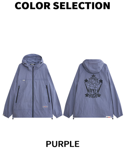 HEA Unisex Loose Fit Windbreaker Jacket with Lion Graphic, Casual Streetwear Outerwear for Spring and Summer