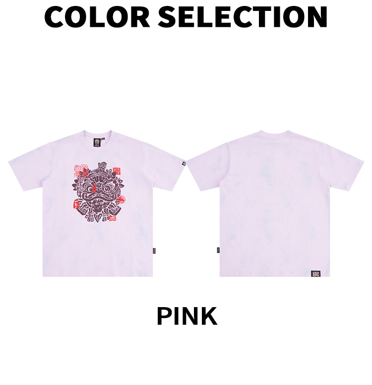 HEA Unisex Tie Dye Lion Print T-Shirt, Casual Streetwear Oversized Short Sleeve Cotton Tee