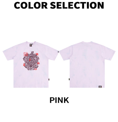 HEA Unisex Tie Dye Lion Print T-Shirt, Casual Streetwear Oversized Short Sleeve Cotton Tee