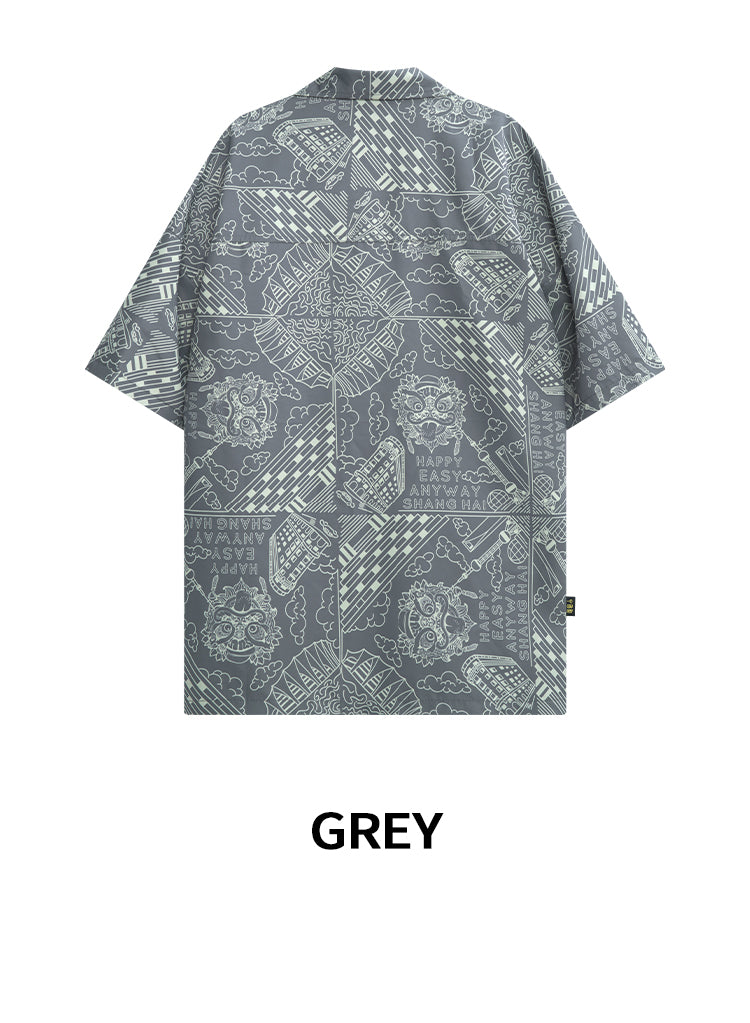 HEA Unisex Allover Print Button Up Shirt, Casual Streetwear Short Sleeve Camp Shirt