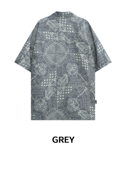 HEA Unisex Allover Print Button Up Shirt, Casual Streetwear Short Sleeve Camp Shirt