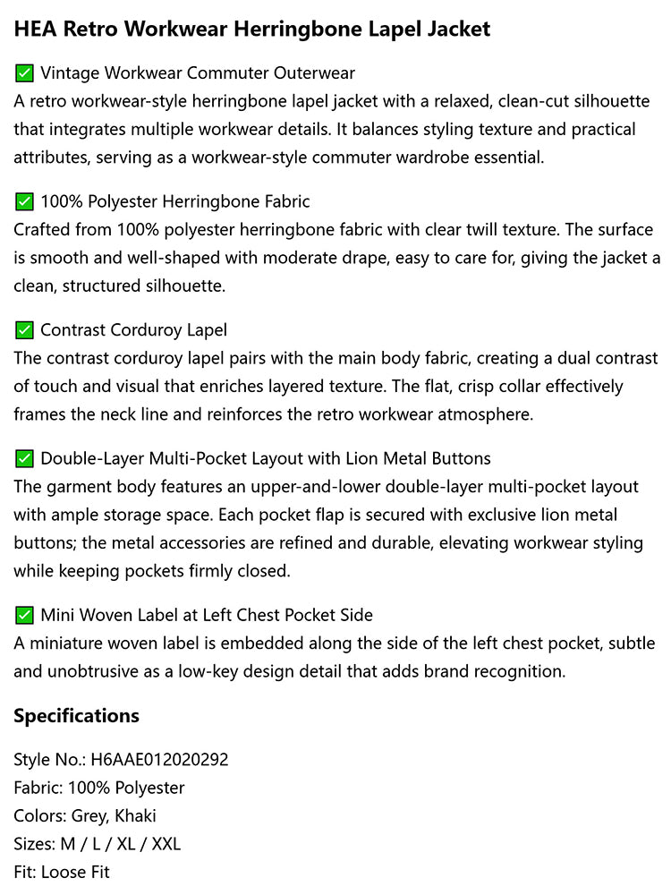 HEA Multi-Pocket Workwear Jacket – Contrast Collar Utility Coat