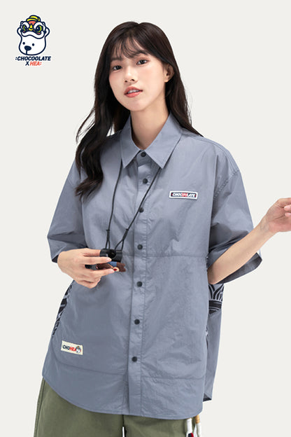HEA Paisley Print Panel Short-Sleeve Shirt, Unisex Streetwear Casual Button-Up