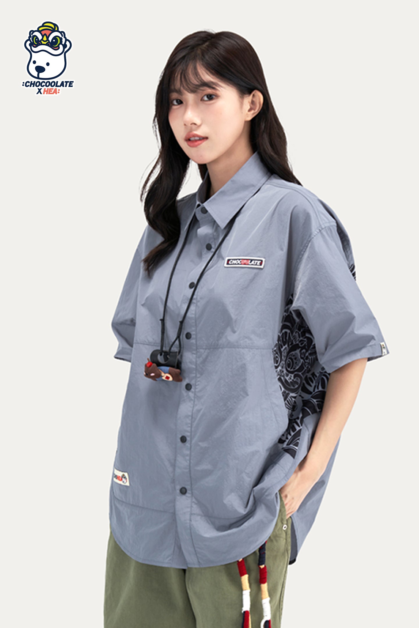 HEA Paisley Print Panel Short-Sleeve Shirt, Unisex Streetwear Casual Button-Up