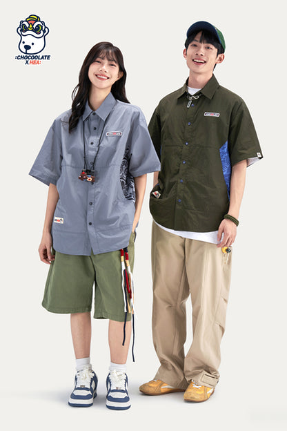 HEA Paisley Print Panel Short-Sleeve Shirt, Unisex Streetwear Casual Button-Up