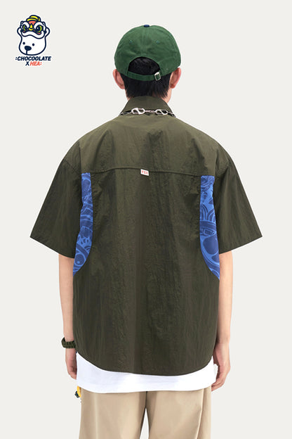 HEA Paisley Print Panel Short-Sleeve Shirt, Unisex Streetwear Casual Button-Up