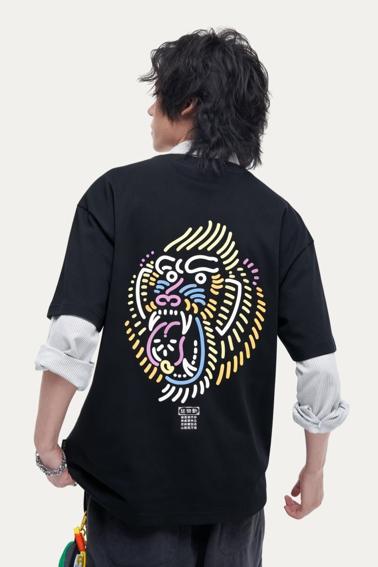 HEA Neon Line Art Lion Head T-Shirt, Unisex Streetwear Casual Tee